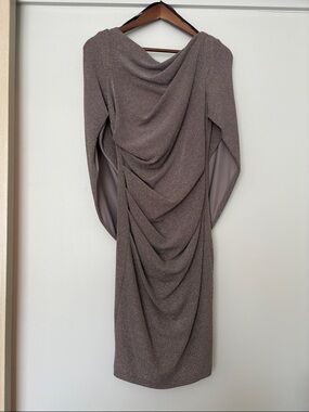 Betsy & Adam Shimmery Taupe Draped Long-Sleeve Cocktail Dress